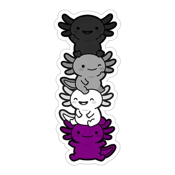 Four kawaii axolotls stacked into the ace pride flag, in black, grey, white and purple.