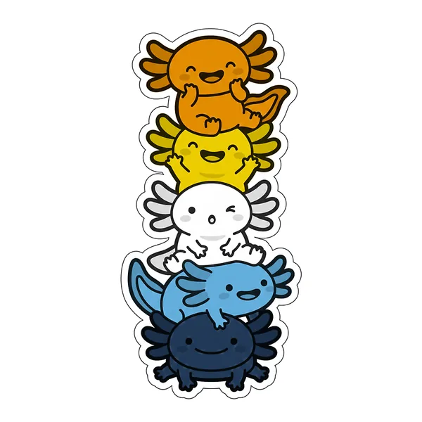 Five kawaii axolotls stacked into the aroace pride flag, in orange, yellow, white, light blue and navy.