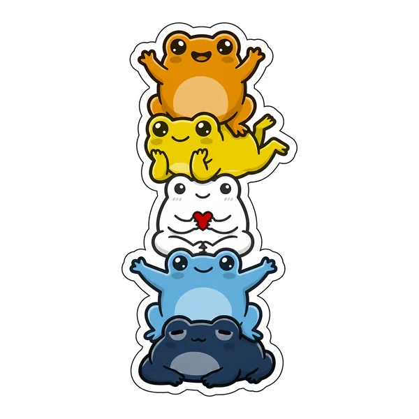 Five kawaii frogs stacked into the aroace pride flag, in orange, yellow, white, light blue and navy.