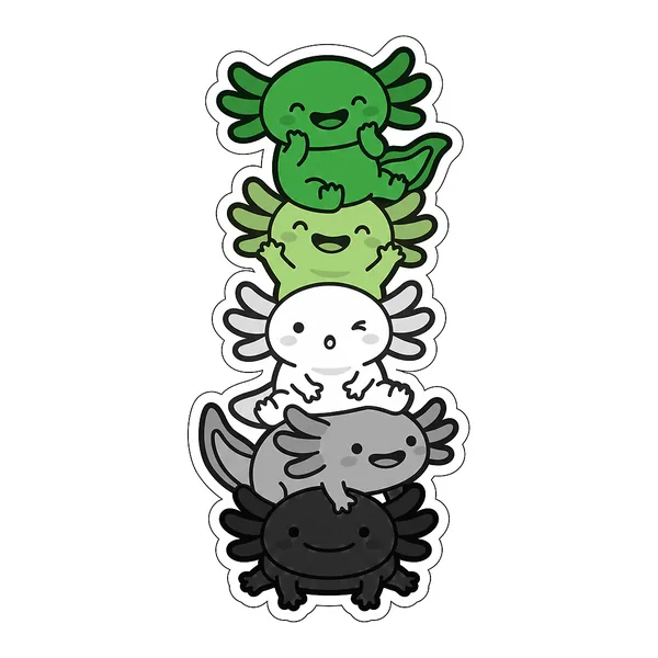 Five kawaii axolotls stacked into the aromantic pride flag, in green, light green, white, grey and black.