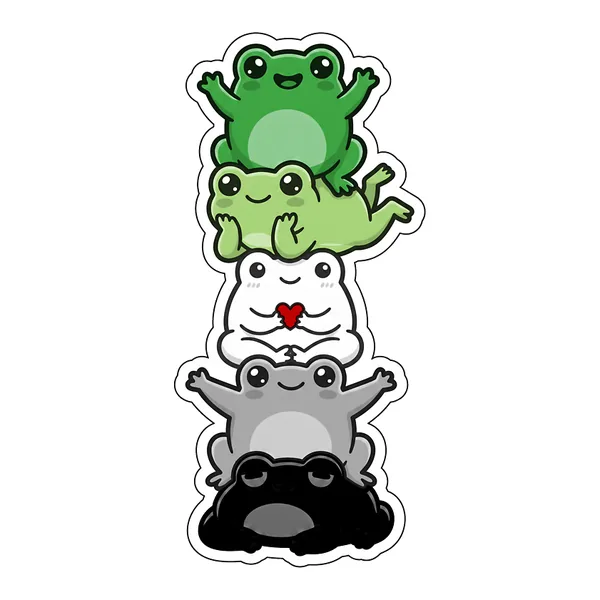 Five kawaii frogs stacked into the aromantic pride flag, in green, light green, white, grey and black.