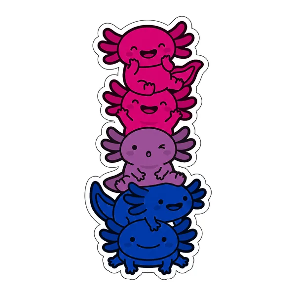 Five kawaii axolotls stacked into the bi pride flag: two magenta, one purple and two blue.