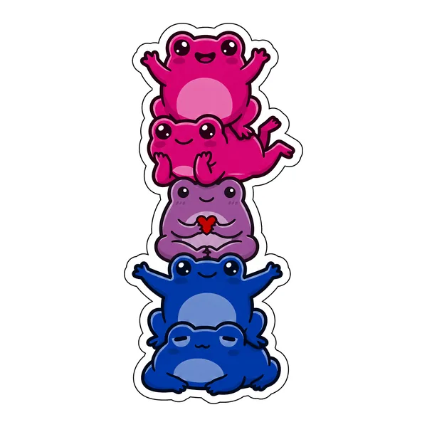 Five kawaii frogs stacked into the bi pride flag: two magenta, one purple and two blue.
