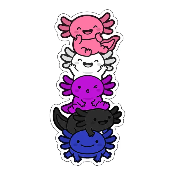 Five kawaii axolotls stacked into the genderfluid pride flag, in pink, white, purple, black and blue.