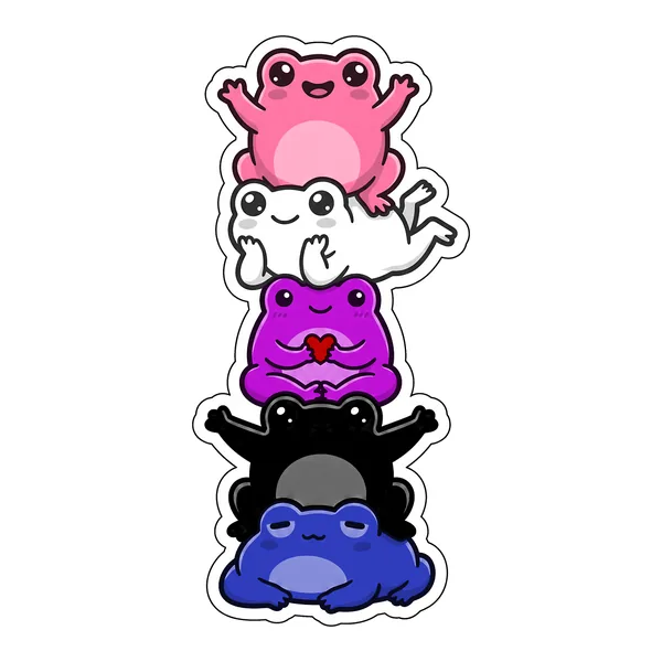 Five kawaii frogs stacked into the genderfluid pride flag, in pink, white, purple, black and blue.