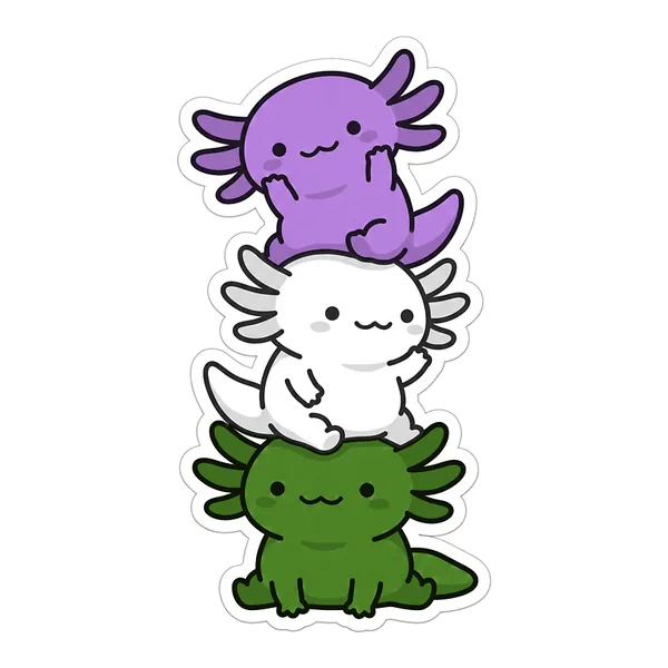Three kawaii axolotls stacked into the genderqueer pride flag, in lavender, white and green.