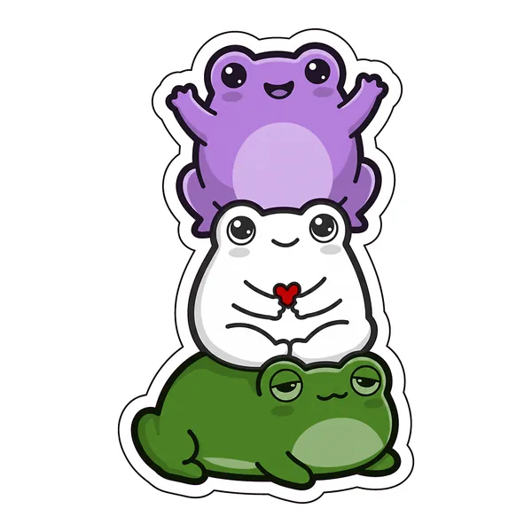 Three kawaii frogs stacked into the genderqueer pride flag, in lavender, white and green.