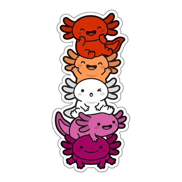 Five kawaii axolotls stacked into the lesbian pride flag, from dark orange through orange, white and pink to deep rose.