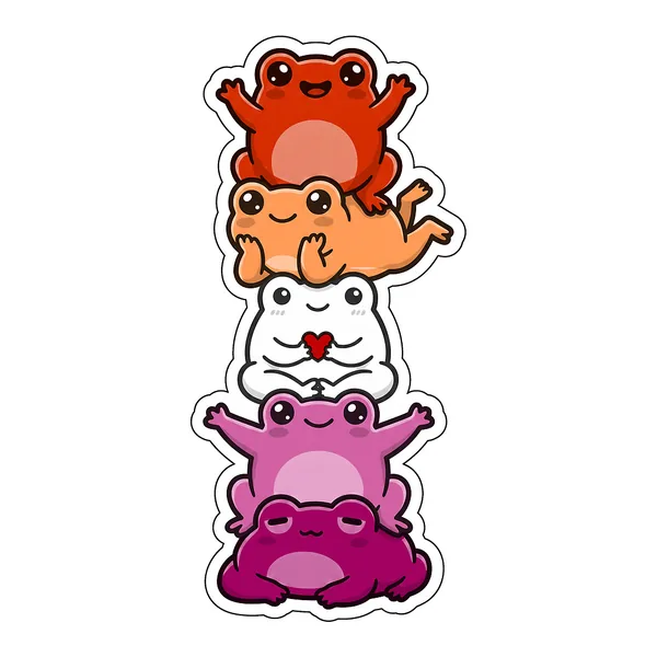 Five kawaii frogs stacked into the lesbian pride flag, from dark orange through orange, white and pink to deep rose.