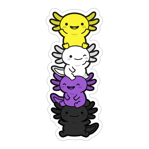 Four kawaii axolotls stacked into the non-binary pride flag, in yellow, white, purple and black.