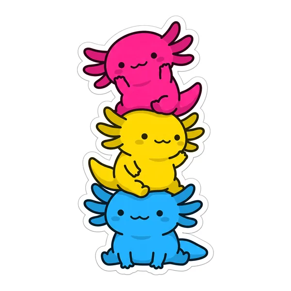 Three kawaii axolotls stacked into the pan pride flag, in pink, yellow and blue.