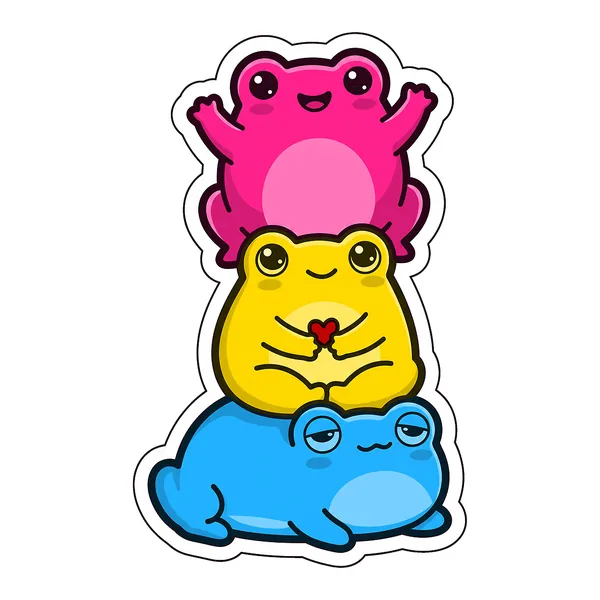 Three kawaii frogs stacked into the pan pride flag, in pink, yellow and blue.