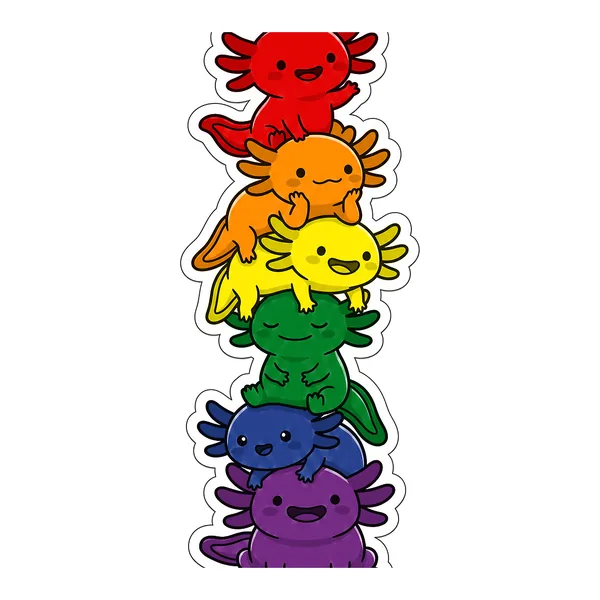 Six kawaii axolotls stacked into the rainbow pride flag, in red, orange, yellow, green, blue and purple.