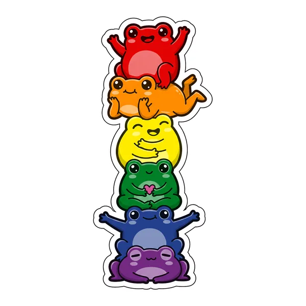 Six kawaii frogs stacked into the rainbow pride flag, in red, orange, yellow, green, blue and purple.