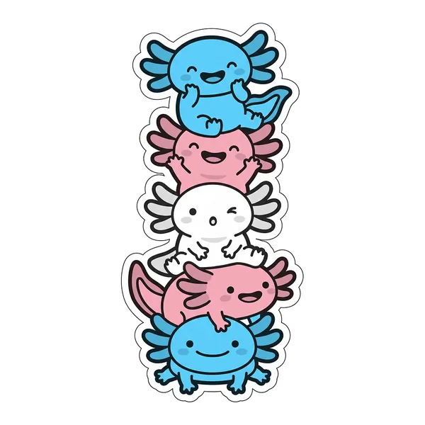 Five kawaii axolotls stacked into the trans pride flag, in light blue, pink, white, pink and light blue.