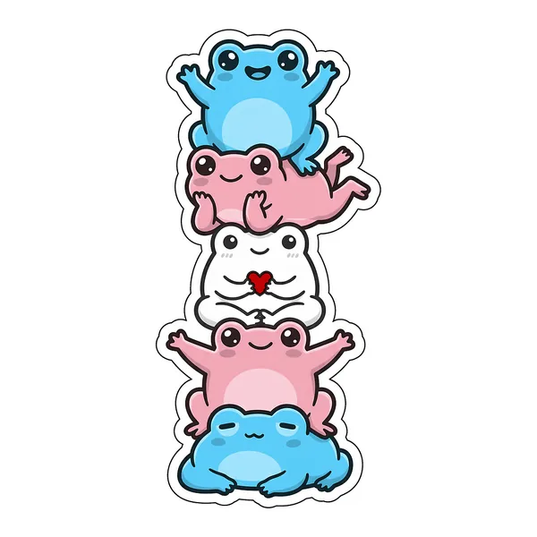 Five kawaii frogs stacked into the trans pride flag, in light blue, pink, white, pink and light blue.