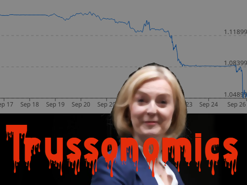 An image of Liz Truss with the alling pound super impose in the backgroundd in the back