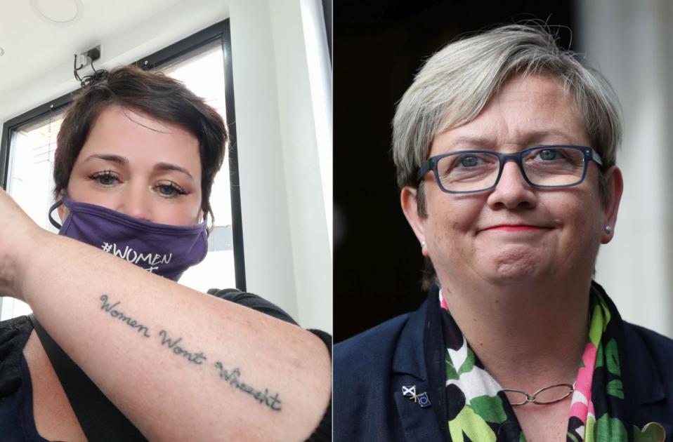 A photo of Marion Millar (with her Women won't wheese tattoo) and Joanna Cherry KC