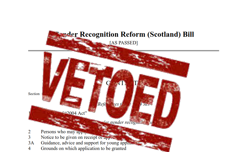 A screen shot of the Gender Recognition Reform Bill, with the word "Vetoed" stampped over the top of it.