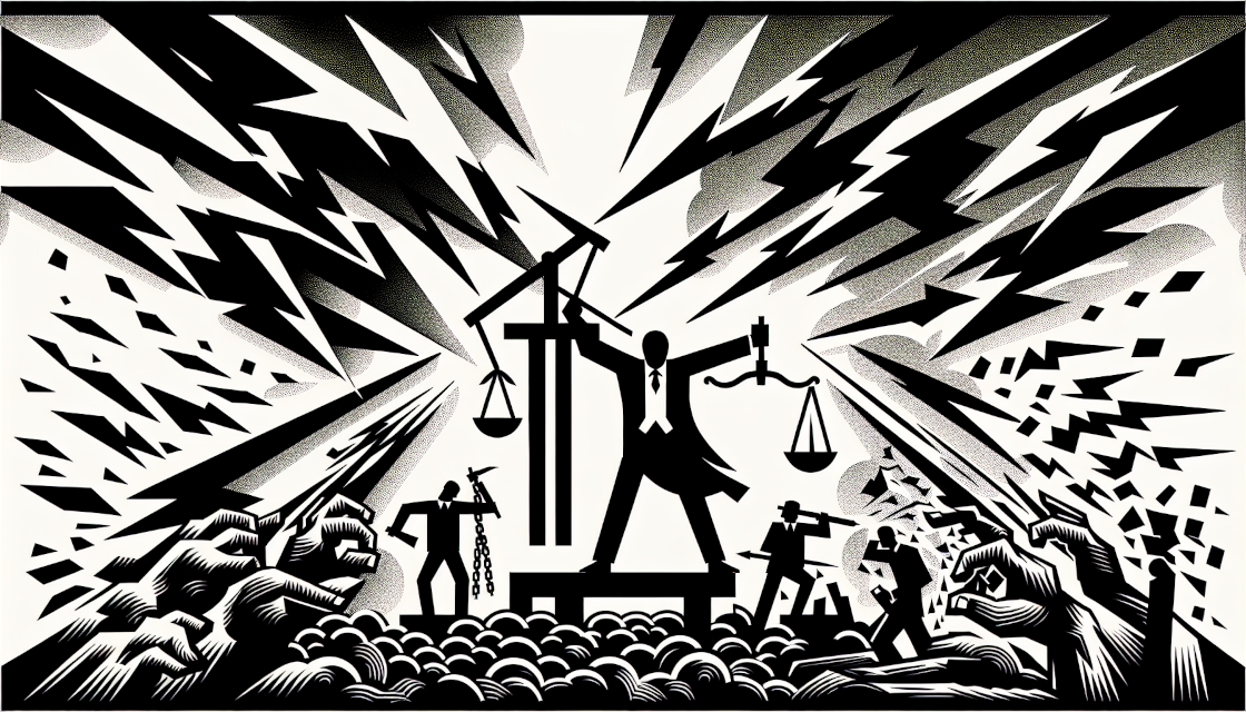 This is a stylized black and white image depicting various elements representing concepts such as justice, control, and possibly socio-economic disparities. \n\nIn the center, there's a figure of a person with a suit and tie and no discernible facial features, striking a dominant pose with one foot raised onto a platform and arms outstretched. To their left, you can see what appears to be a figure in shackles, and a person with a tool, possibly a worker, below. \n\nTo the suspended foot's side, there is a scale, symbolizing justice, being held by another smaller figure. The prominence of the central figure compared to others could suggest themes of power, authority, or leadership. \n\nAbove the scene, a variety of sharp, fragmented shapes emanate outwards, creating a dynamic and somewhat aggressive or energetic backdrop, which could imply chaos, conflict, or intensity in the situation depicted. \n\nThe overall style is reminiscent of certain early 20th-century art movements like futurism or constructivism, which often used stark contrast and dynamic compositions to convey powerful ideological messages. The exact interpretation, however, would depend on the context in which this image is used or the intent of the artist.