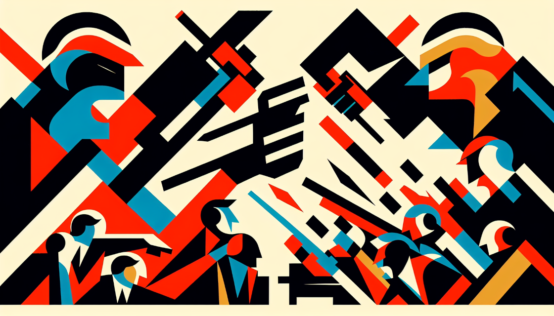 This image appears to be an abstract, geometric art piece. The composition is made up of a variety of shapes and colors, predominantly red, blue, black, and cream. It seems heavily influenced by the Cubist or Futurist art movements, which emphasize the fragmentation of form and dynamic patterns. The arrangement of shapes and colors gives a sense of movement and rhythm, without clearly depicting a specific scene or object. It's an evocative artwork that may represent different things to different viewers, depending on their interpretation